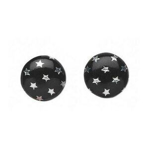 Vegan Faux Leather Round 15mm Button Post Earrings Black w Silver Metallic Stars